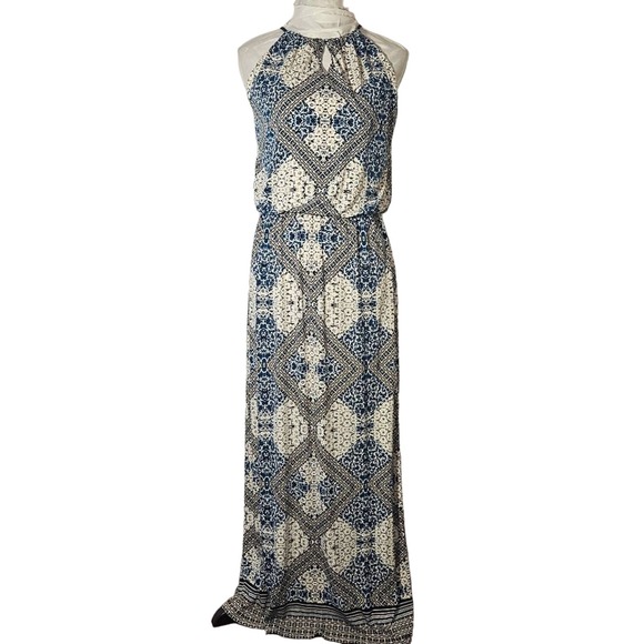 London Times Boho Maxi Dress Sleeveless Size 12 Blue / Black/ White - Picture 1 of 9